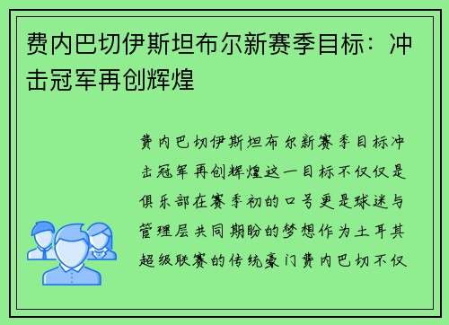 费内巴切伊斯坦布尔新赛季目标：冲击冠军再创辉煌