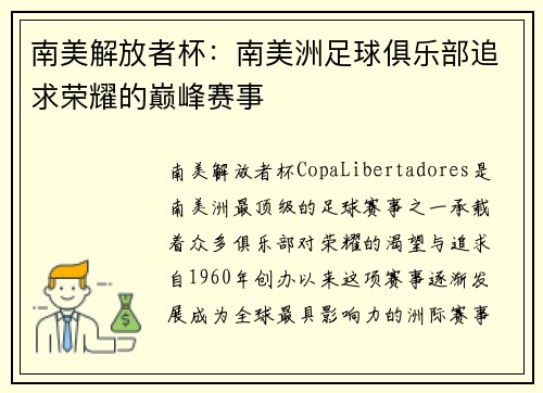 南美解放者杯：南美洲足球俱乐部追求荣耀的巅峰赛事