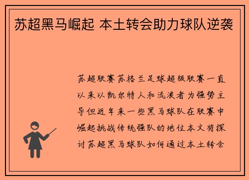 苏超黑马崛起 本土转会助力球队逆袭